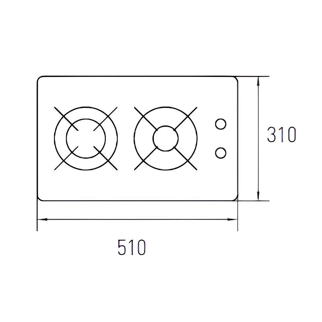 Plano acotado del anafe a gas Spezia II TST: 310 mm de ancho por 510 mm de profundidad