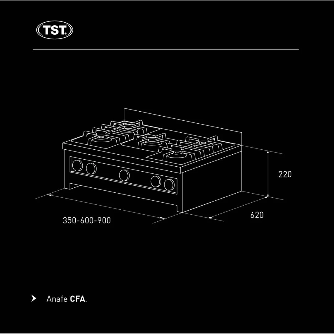Plano acotado del anafe a gas de apoyo semi industrial CFA TST: 620 mm de profundidad y 220 mm de alto