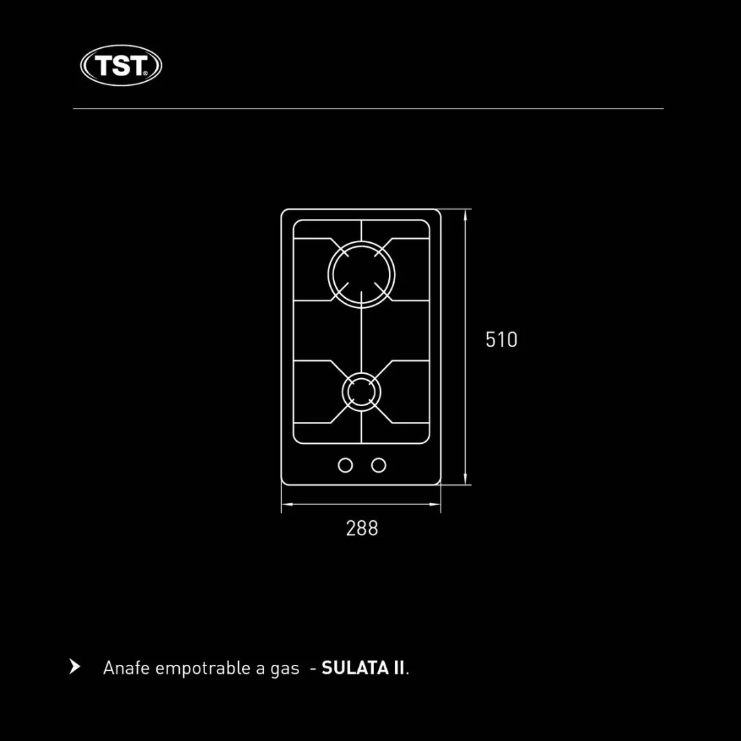Plano acotado del anafe a gas Sulata II TST: 288 mm de ancho por 510 mm de profundidad