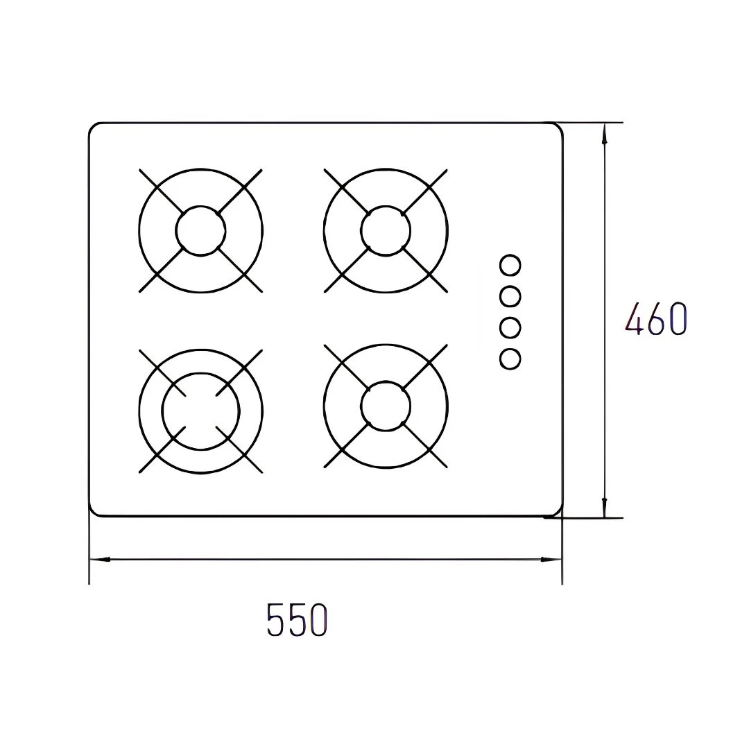 Plano acotado del anafe a gas Spezia IV TST: 550 mm de ancho por 460 mm de profundidad