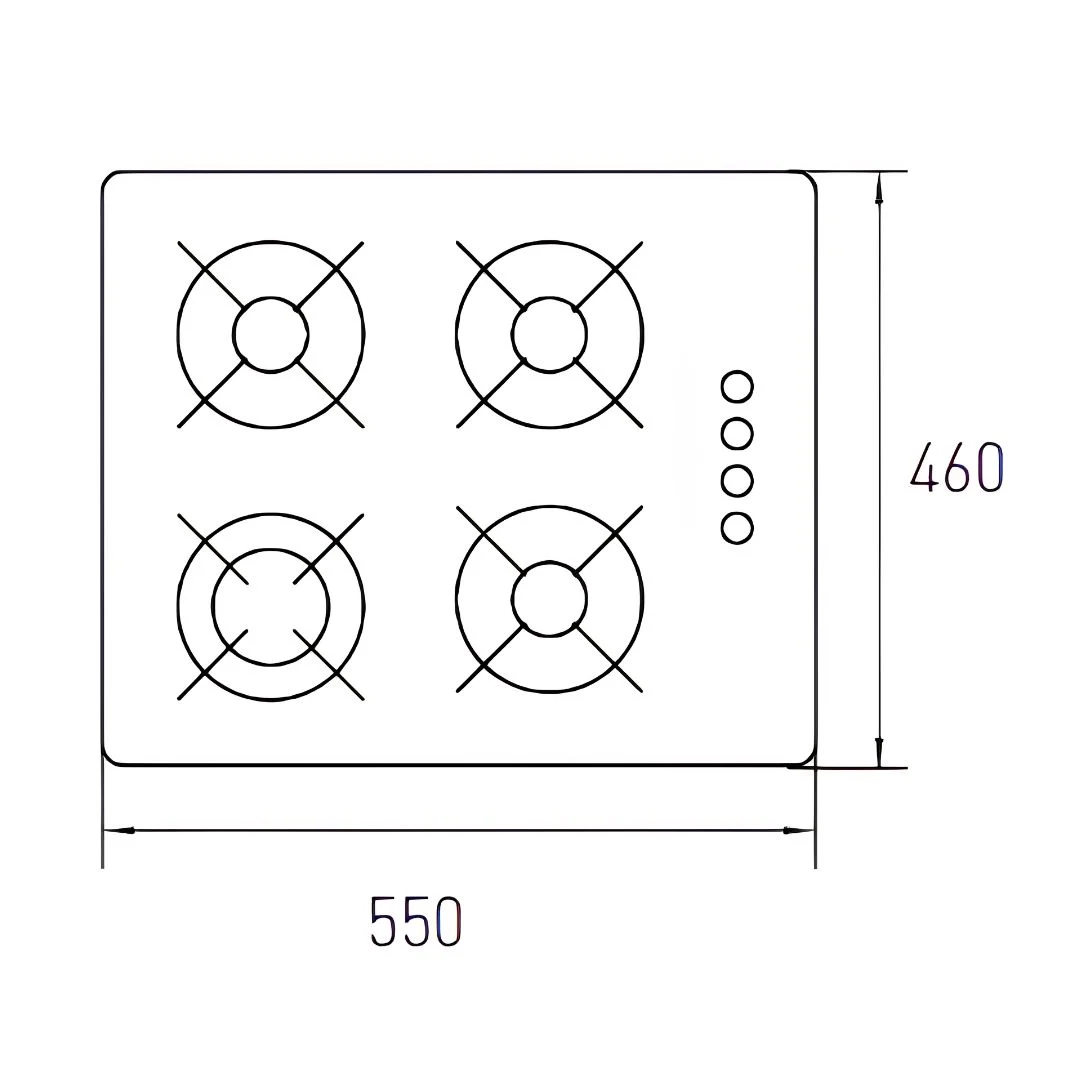 Plano acotado del anafe a gas Spezia IV TST: 550 mm de ancho por 460 mm de profundidad