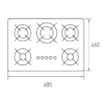 Plano acotado del anafe a gas Spezia V TST: 685 mm de ancho por 460 mm de profundidad