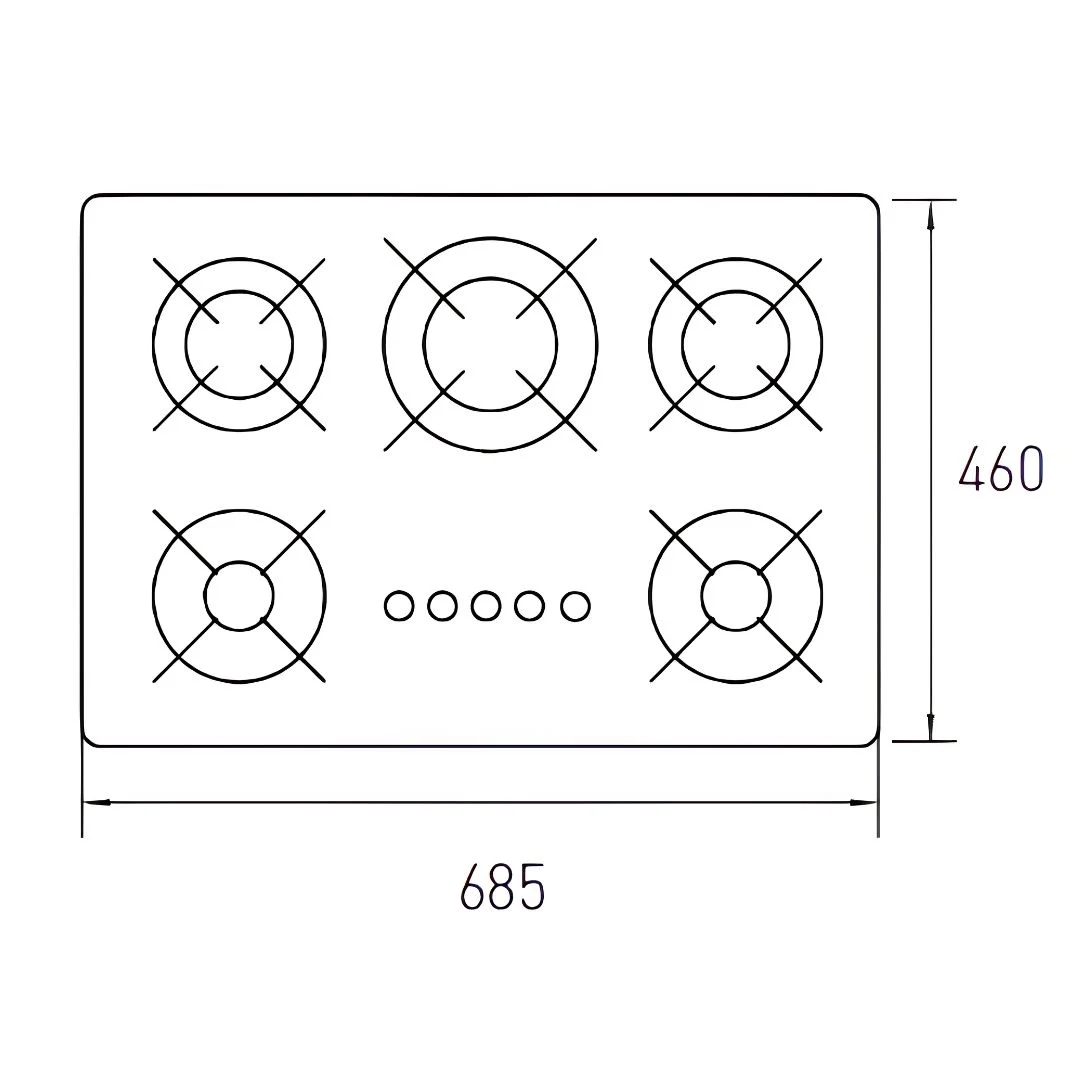 Plano acotado del anafe a gas Spezia V TST: 685 mm de ancho por 460 mm de profundidad