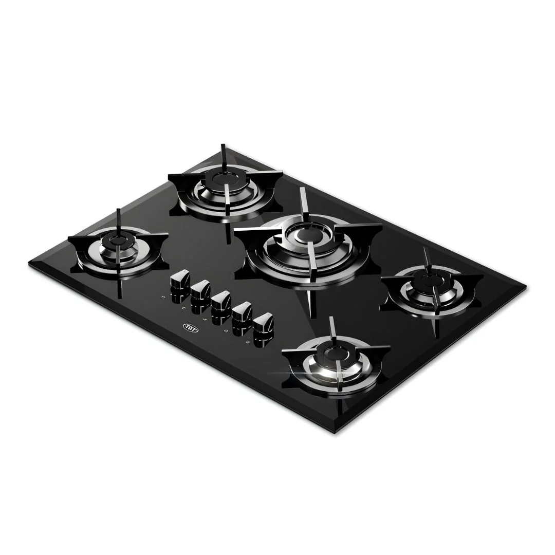 Anafe a gas de 5 hornallas Spezia V TST con superficie de vidrio templado negro y rejillas individuales