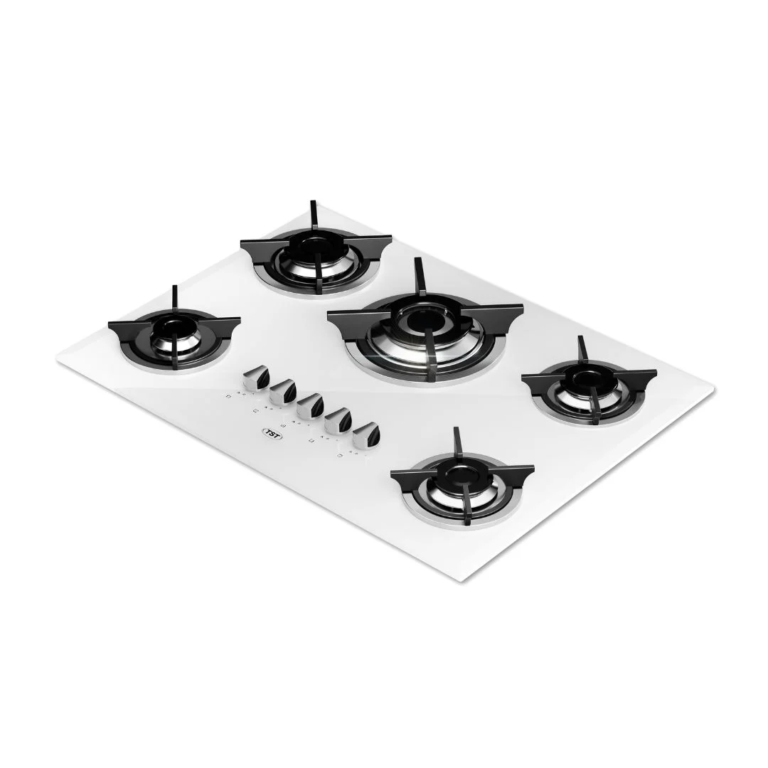 Anafe a gas de 5 hornallas Spezia V TST con superficie de vidrio templado blanco y rejillas individuales